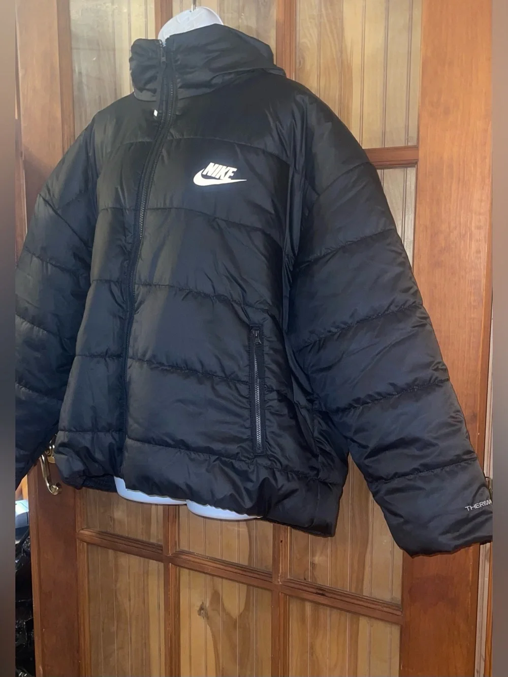 Nike Therma-Fit Black Hooded Loose Fit Puffer Jacket with White Logo
